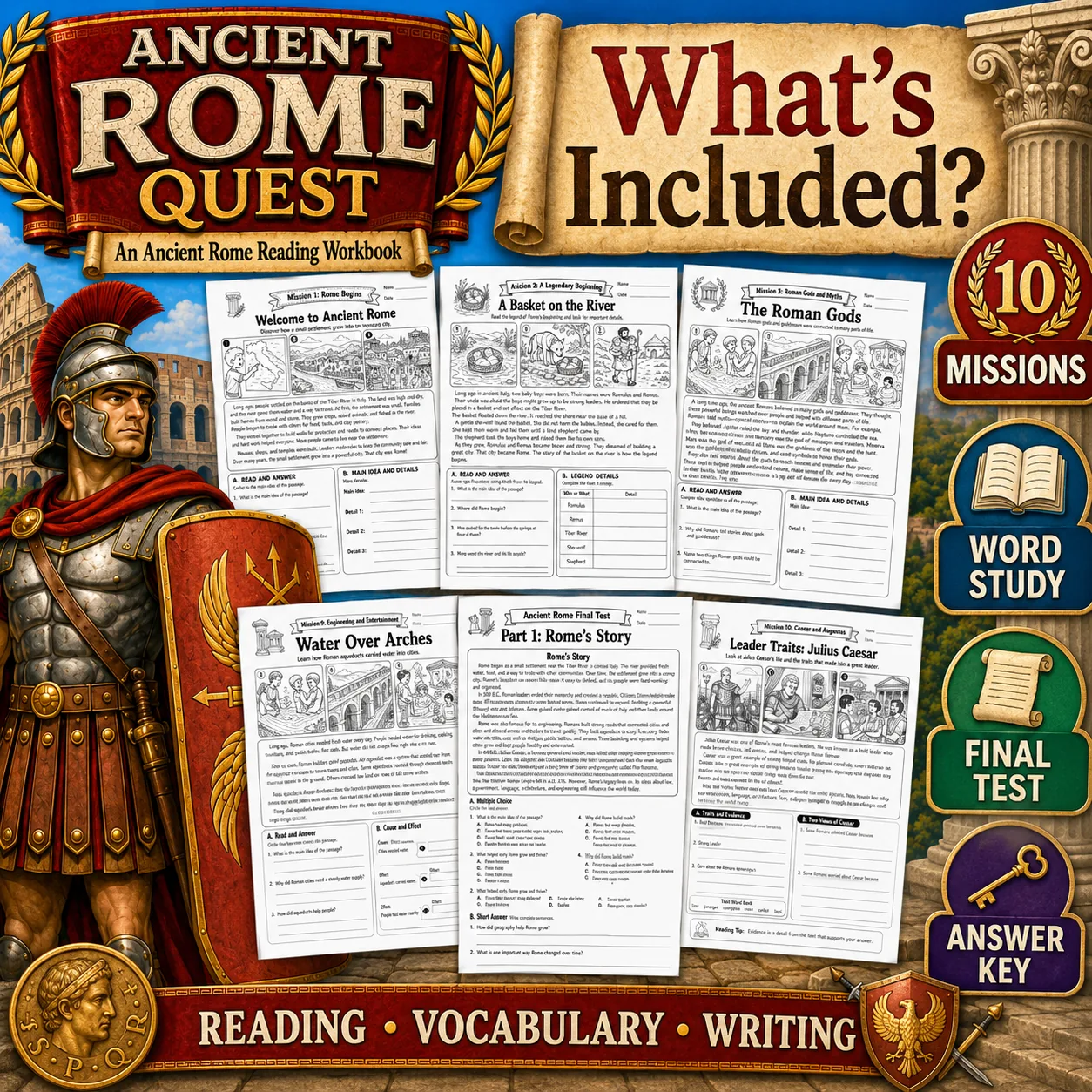 Ancient Rome Reading Comprehension Workbook Worksheets Test Answer Key preview image from EdThings