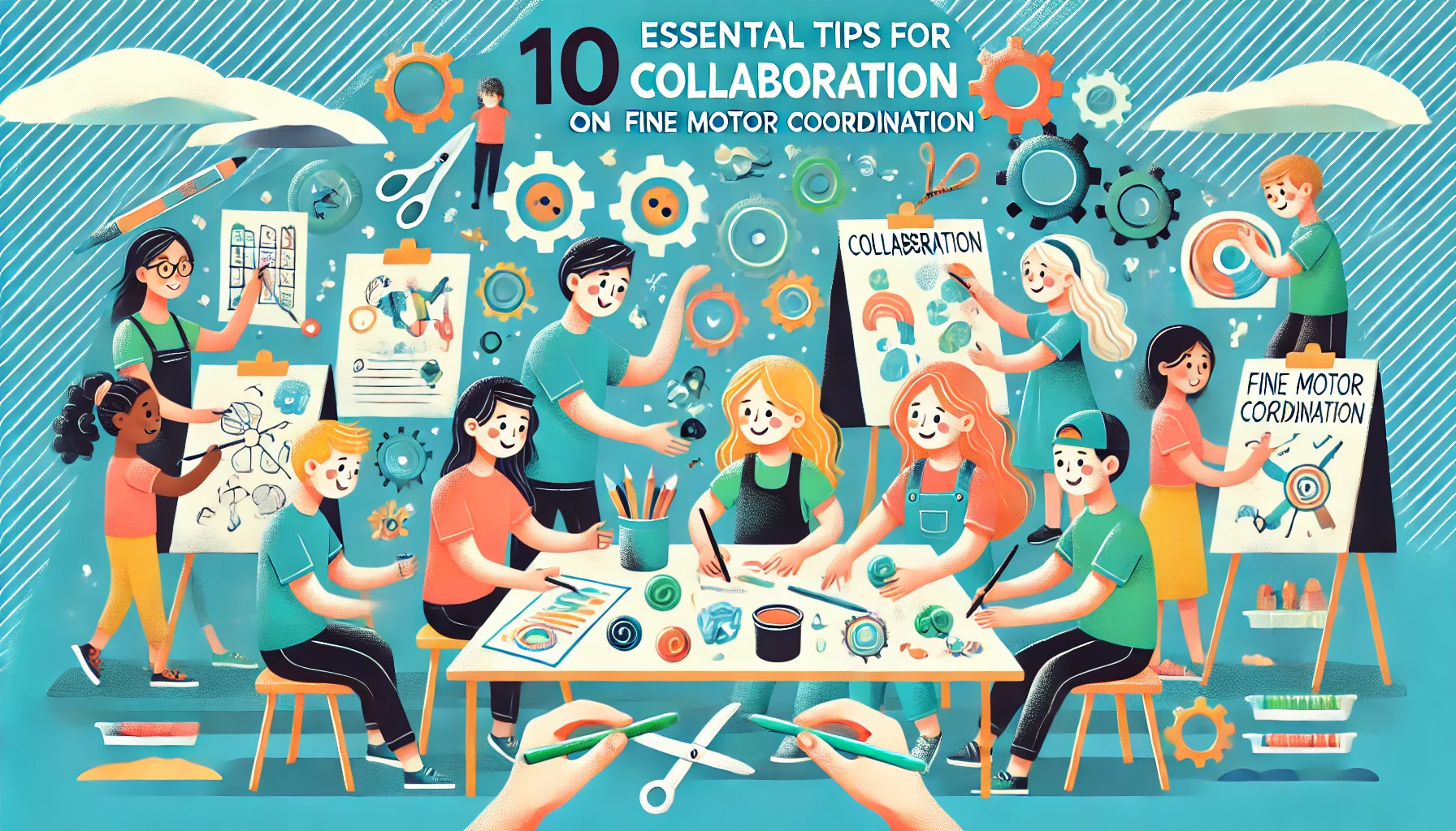 Group of children and adults working together on activities like drawing, cutting with scissors, and playing with clay. Surrounding them are icons like a pencil, scissors, and gears. Background is bright and cheerful with shades of blue and green. Title '10 Essential Tips for Collaboration on Fine Motor Coordination' is prominently displayed with bold, easy-to-read text.