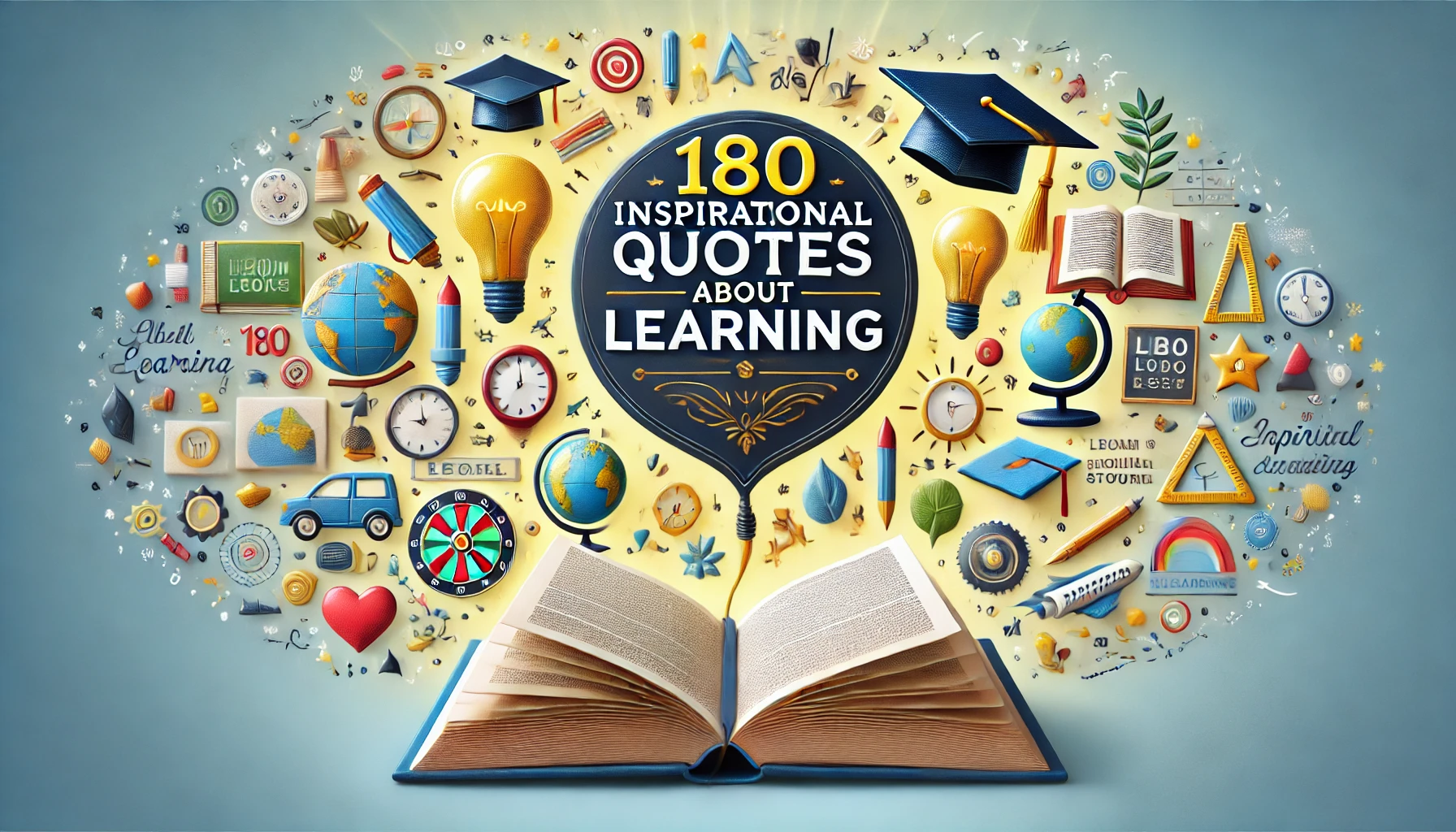 An open book with pages turning, surrounded by various educational symbols such as a lightbulb, a globe, and a graduation cap. Background is bright and inspiring with shades of yellow and blue. Title '180 Inspirational Quotes About Learning' is prominently displayed with bold, easy-to-read text.