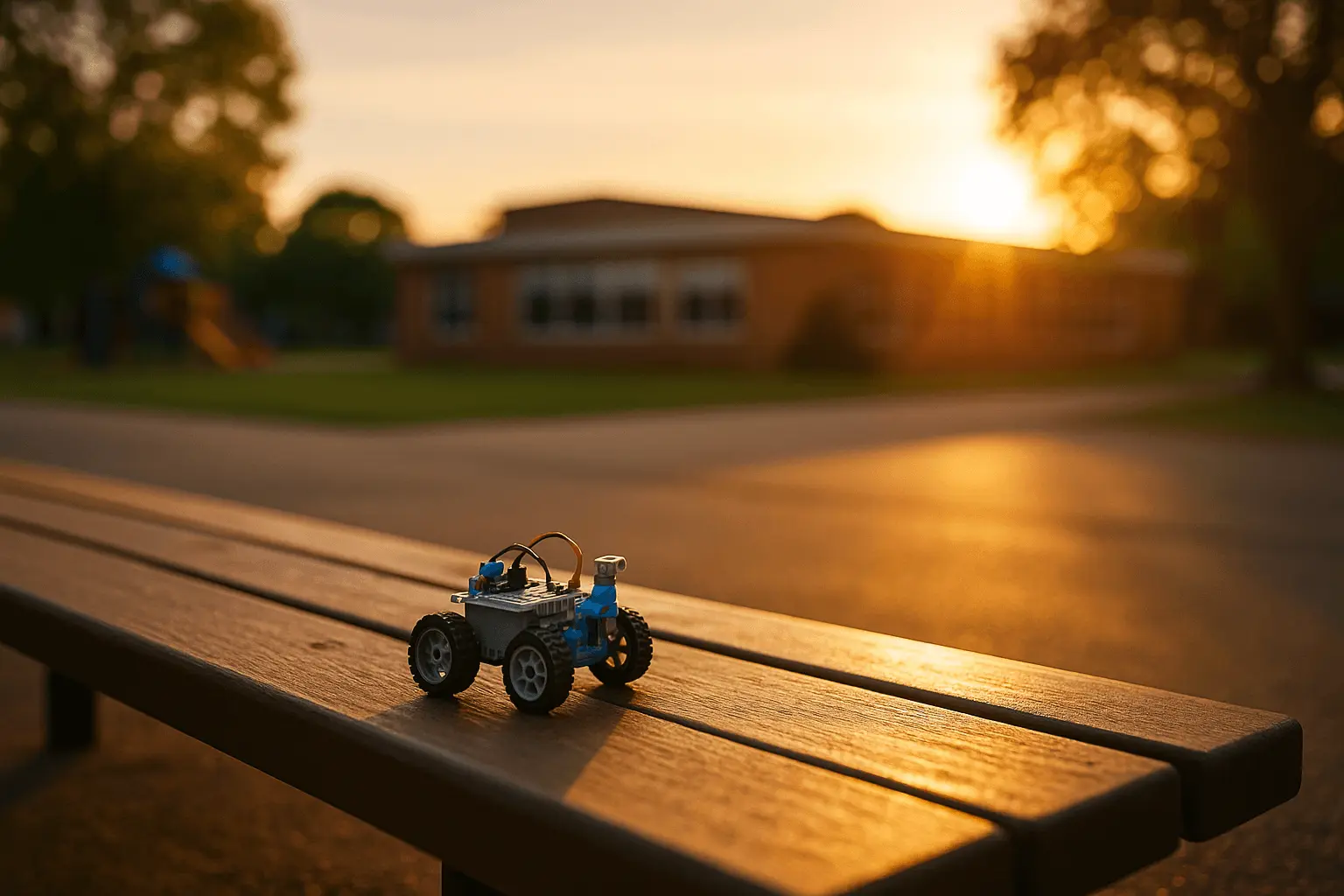 A small DIY robotics car sits on a wooden bench at sunset in front of a blurred school building, symbolizing creativity, innovation, and educator resilience.
