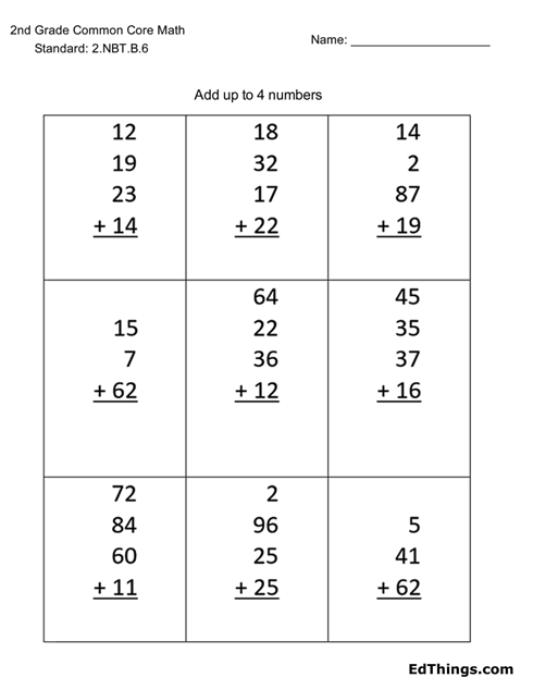 Two Digit Addition of Four Numbers - Worksheet