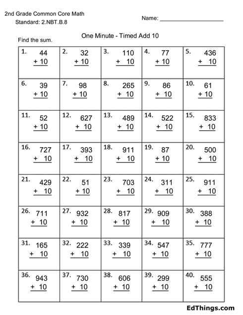 2 Digit Add 10 Worksheet