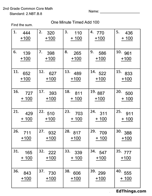 2 Digit Add 100 Worksheet
