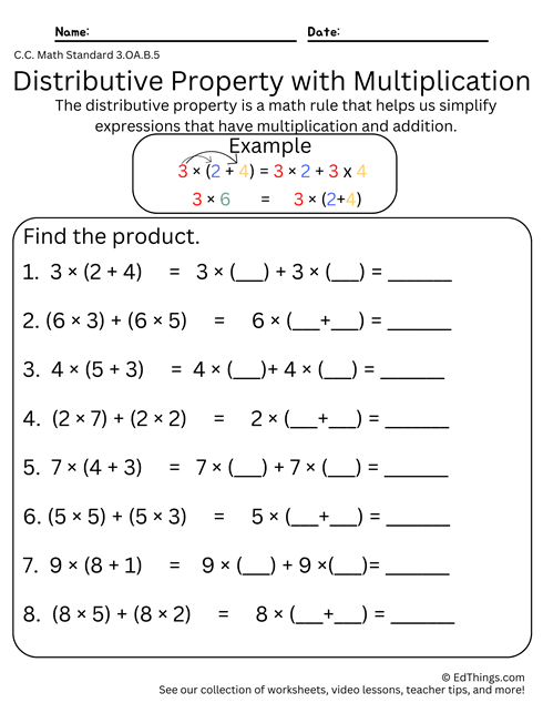 Distributive Property with Multiplication Grade 3 Worksheet 1