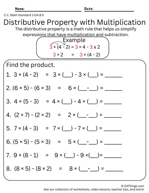 Distributive Property Multiplication with Subtraction Grade 3 Worksheet 1