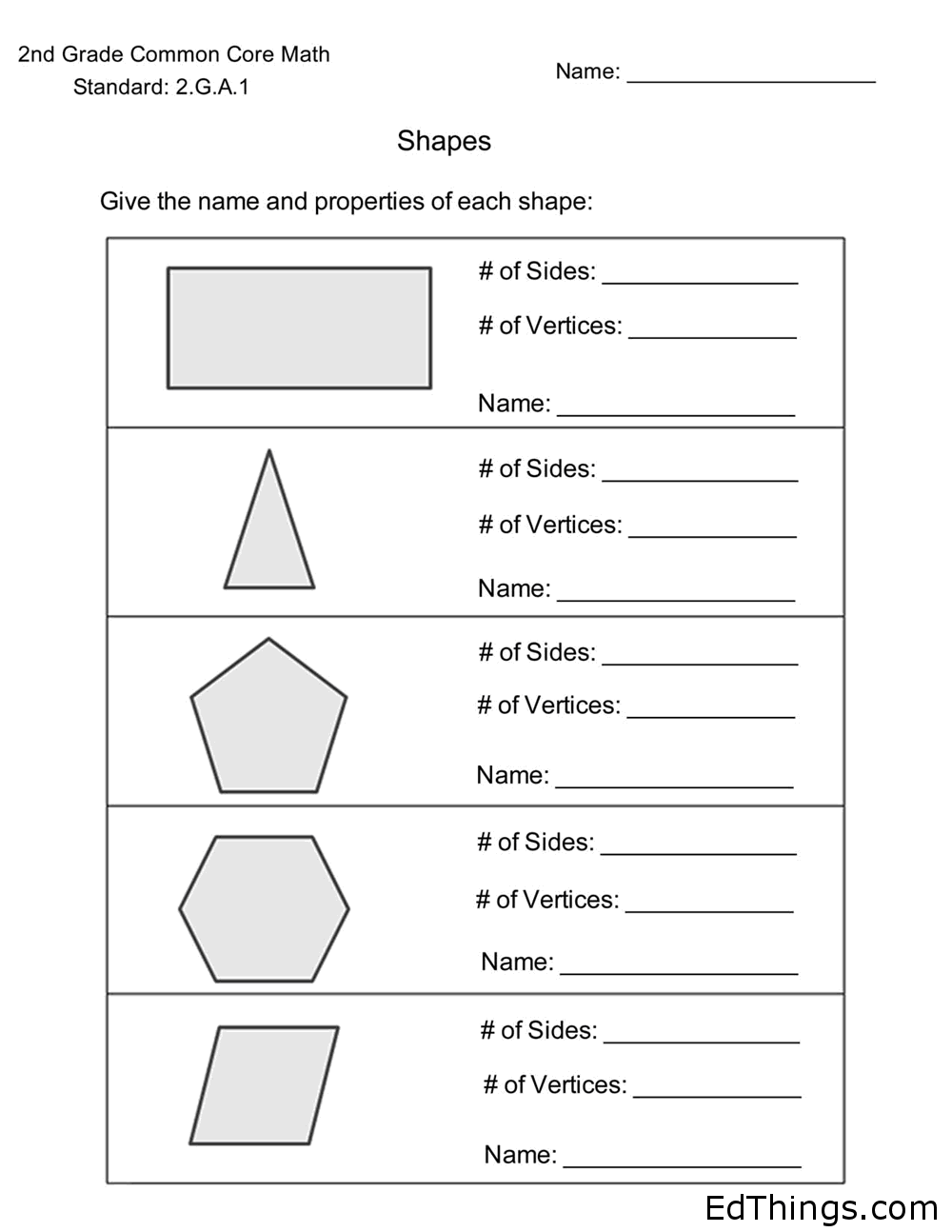 Shapes - Name and Properties Worksheet 1