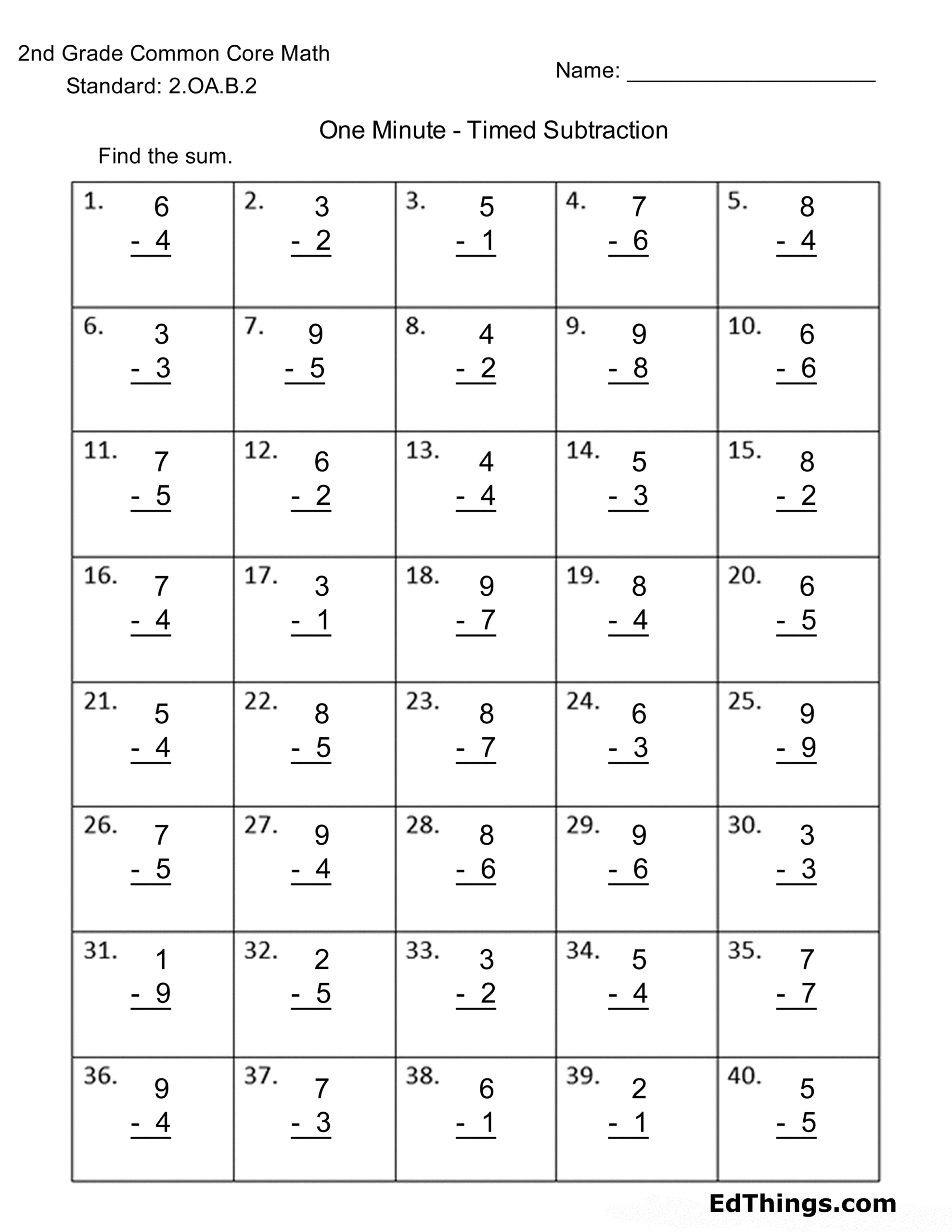 One Minute Timed Subtraction