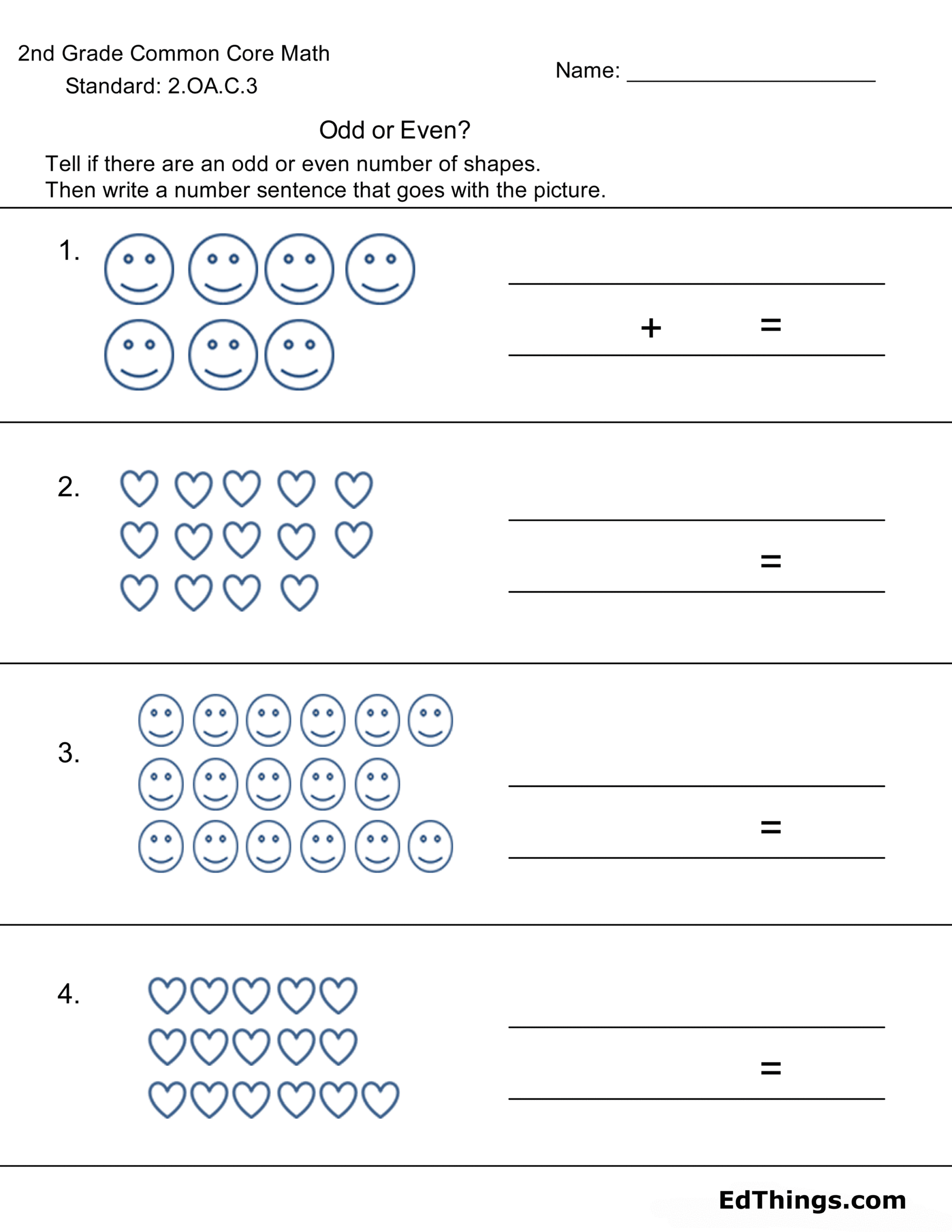 Free math worksheet on odd and even numbers showing smiley faces and hearts grouped for students to count and label as odd or even