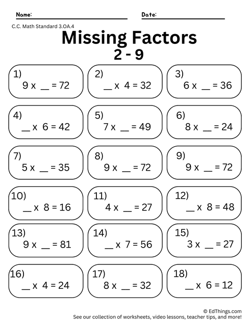 Multiplication Missing Factors Worksheet #1 Grade 3