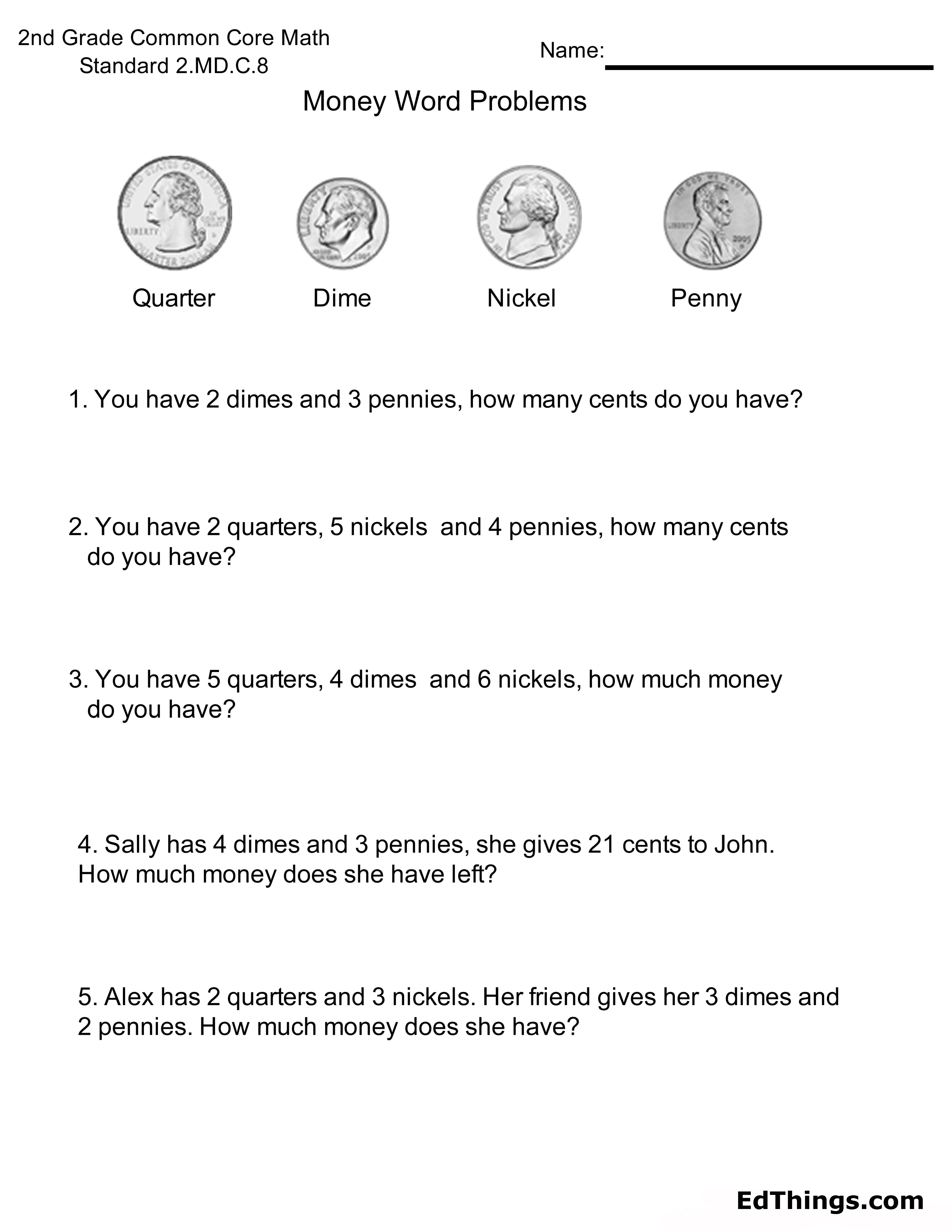 Money Word Problems Worksheet 1