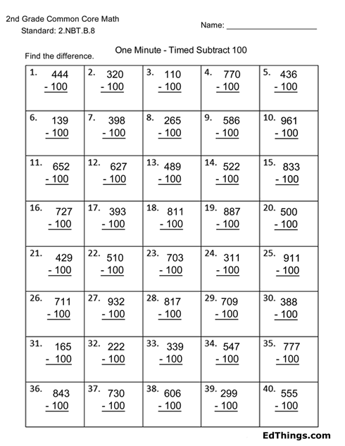 3 Digit Subtract 100 Worksheet