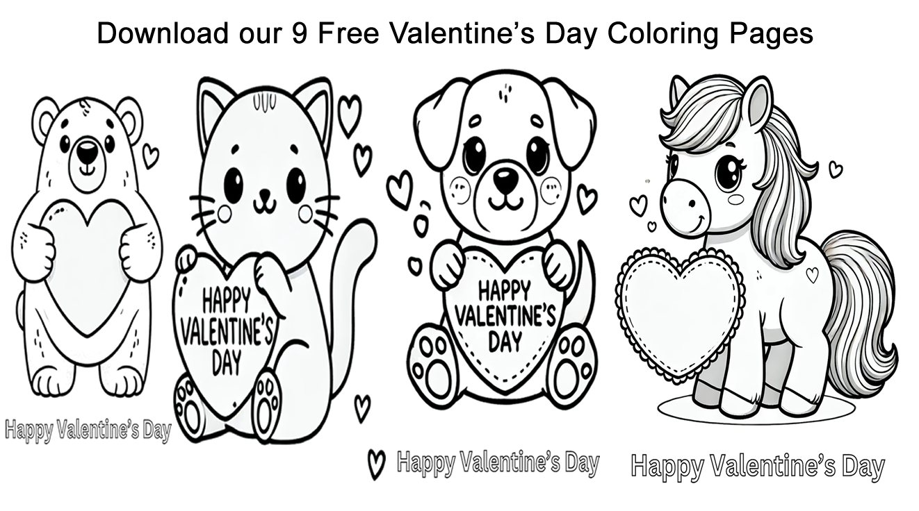 Download your free Valentine's Day coloring pages for kids featuring a bear, a cat, a dog, and a horse holding hearts with 'Happy Valentine’s Day' messages, and other images.