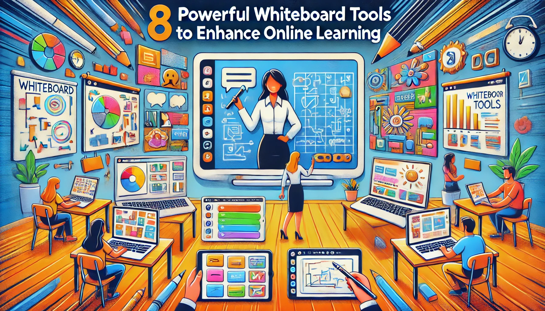Image for '8 Powerful Whiteboard Tools to Enhance Online Learning' with the title in large, bold font occupying the top half of the image. The background shows a virtual classroom with a teacher and students using devices displaying whiteboard apps with colorful elements like sticky notes, drawings, and diagrams. The color scheme is bright with warm tones.
