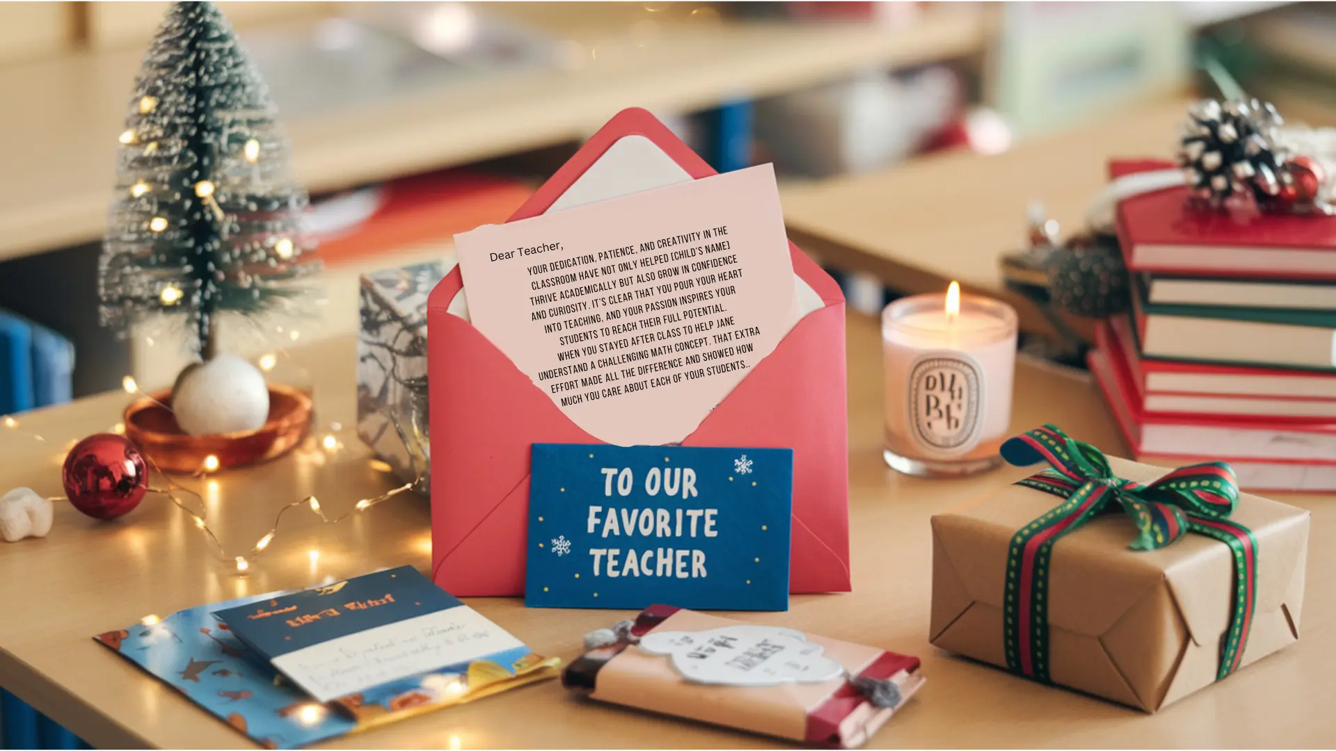 Image showing many of the best Christmas gifts for teachers. A teacher's desk with a red envelope reading "To Our Favorite Teacher," a heartfelt letter, wrapped gifts, a lit candle, books, and festive holiday decorations.