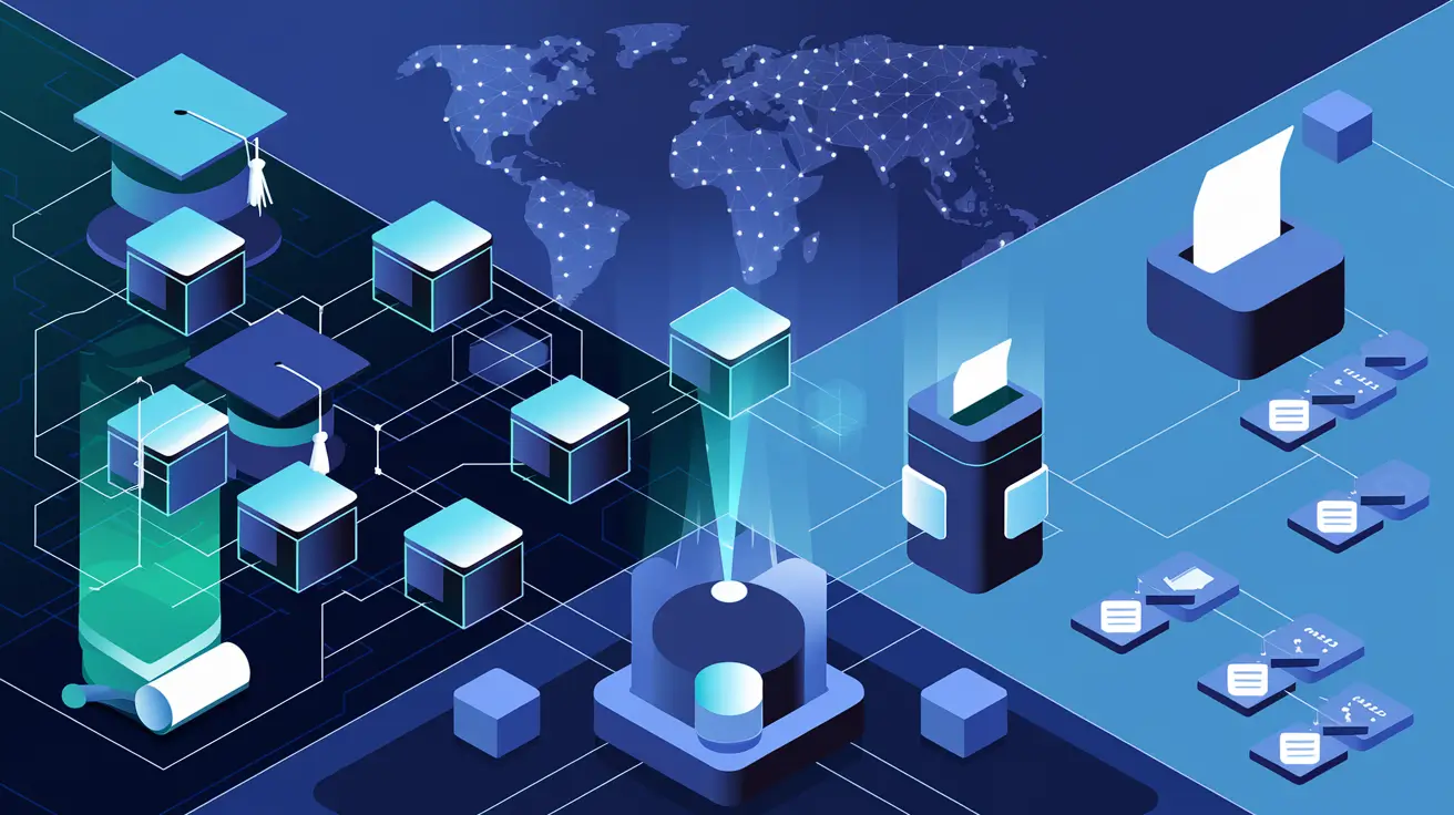 Illustration showing blockchain technology in education and voting, with digital blocks connected to icons such as a graduation cap, diploma, and ballot box, representing secure and decentralized systems.