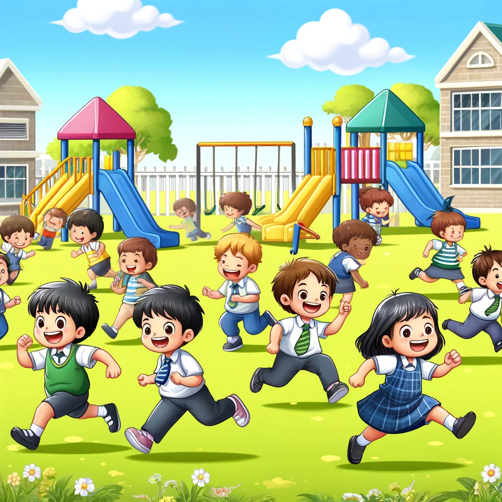 Children running and playing at school playground
