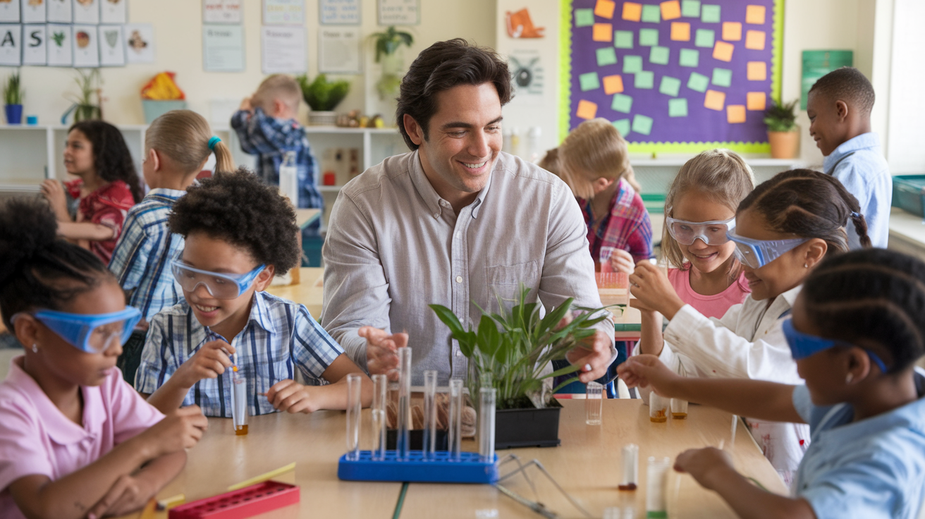 Elementary school teacher guiding students in science experiments. Students wear safety goggles and work with test tubes and plants in a bright, collaborative classroom.