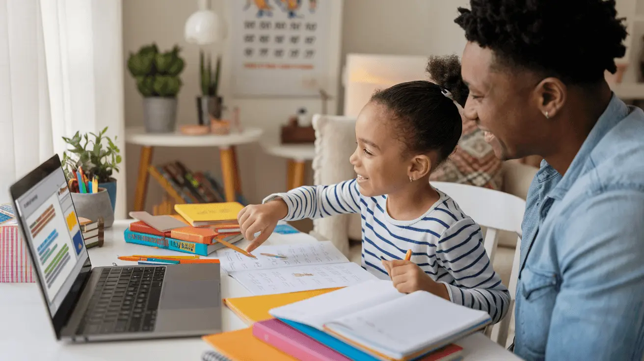 A smiling parent helps a young child complete homework at a desk with a laptop open, colorful books, and notebooks, promoting positive homework habits.