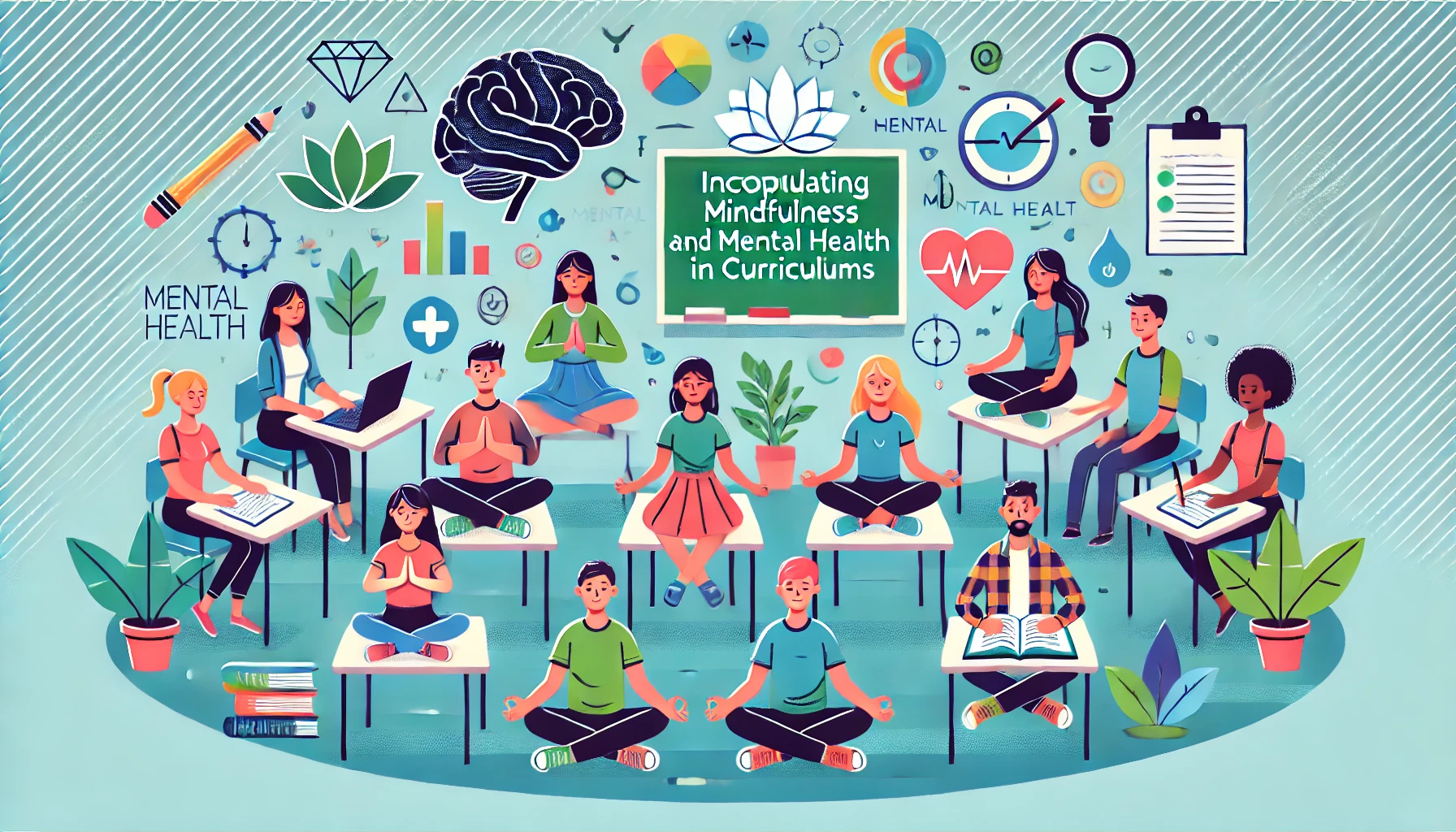 A diverse group of students sitting in a classroom practicing mindfulness, with some meditating and others journaling. Surrounding them are icons like a brain, a heart, and a lotus flower. Background is calm with shades of blue and green. Title 'Incorporating Mindfulness and Mental Health in School Curriculums' is prominently displayed with bold, easy-to-read text.