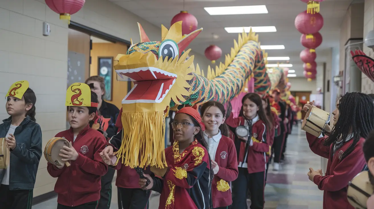 Students celebrating Chinese New Year in a school hallway with a colorful dragon puppet, wearing festive red outfits and hats with zodiac designs, surrounded by hanging red lanterns.