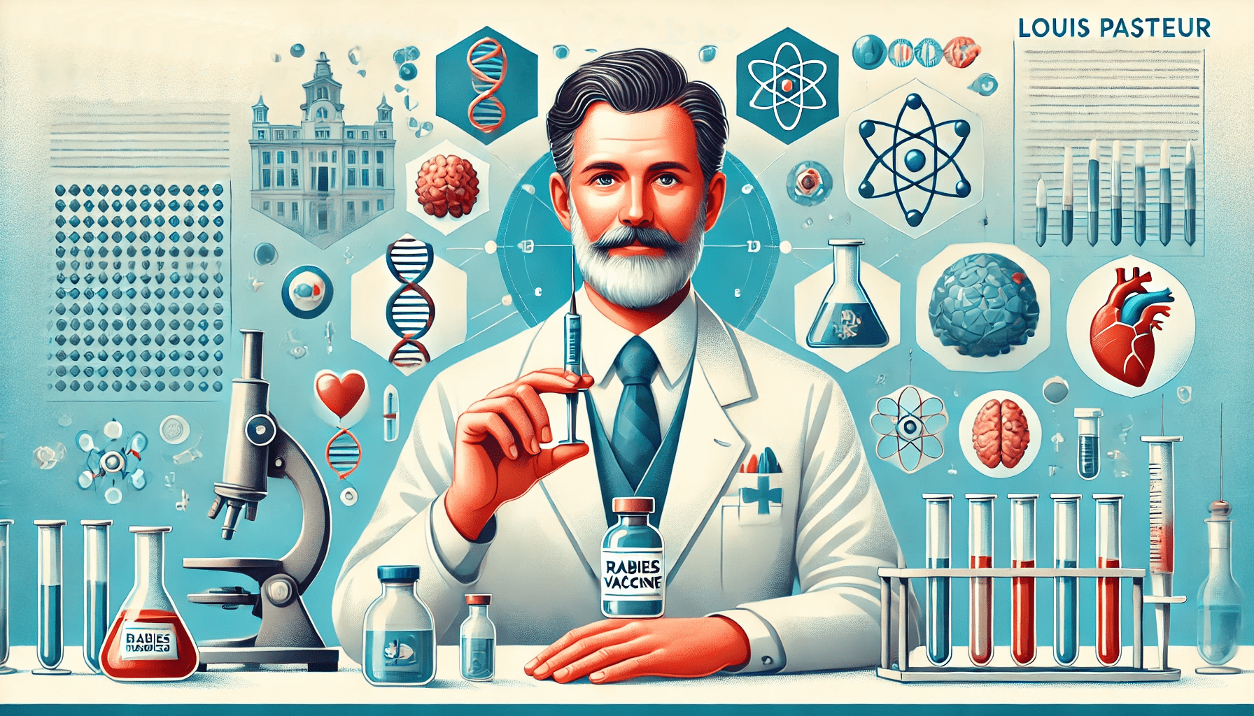Louis Pasteur in a lab setting, holding a syringe and a vial labeled 'Rabies Vaccine.' Surrounding him are lab elements such as microscopes, flasks, and medical instruments, along with icons representing scientific discovery like a brain, DNA strand, and medical cross. Background is bright with shades of white and blue. Title 'Louis Pasteur’s First Successful Rabies Vaccine' is prominently displayed with bold, easy-to-read text