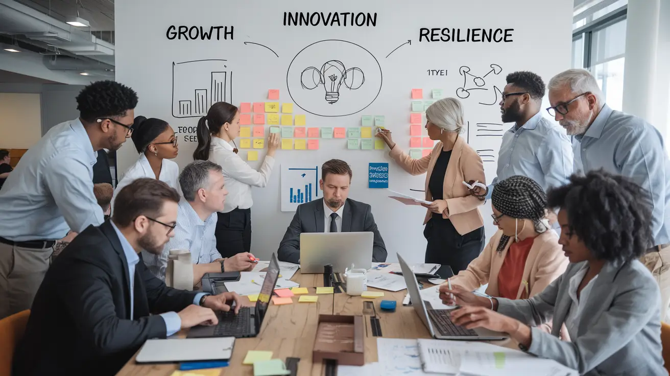 A diverse group of professionals collaborating in a modern workplace, brainstorming ideas on a whiteboard labeled "Growth," "Innovation," and "Resilience," with colorful sticky notes and charts.