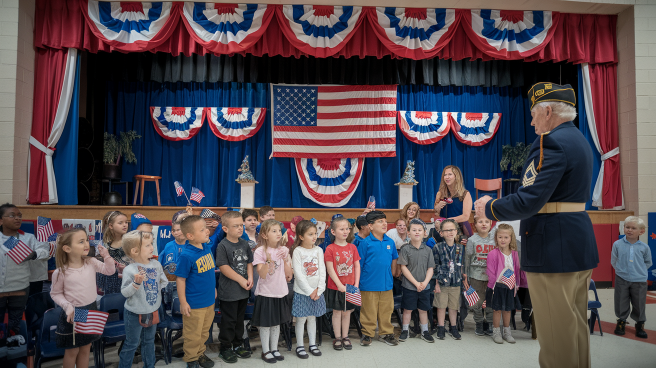Veteran speaking to elementary students at a Veterans Day assembly.