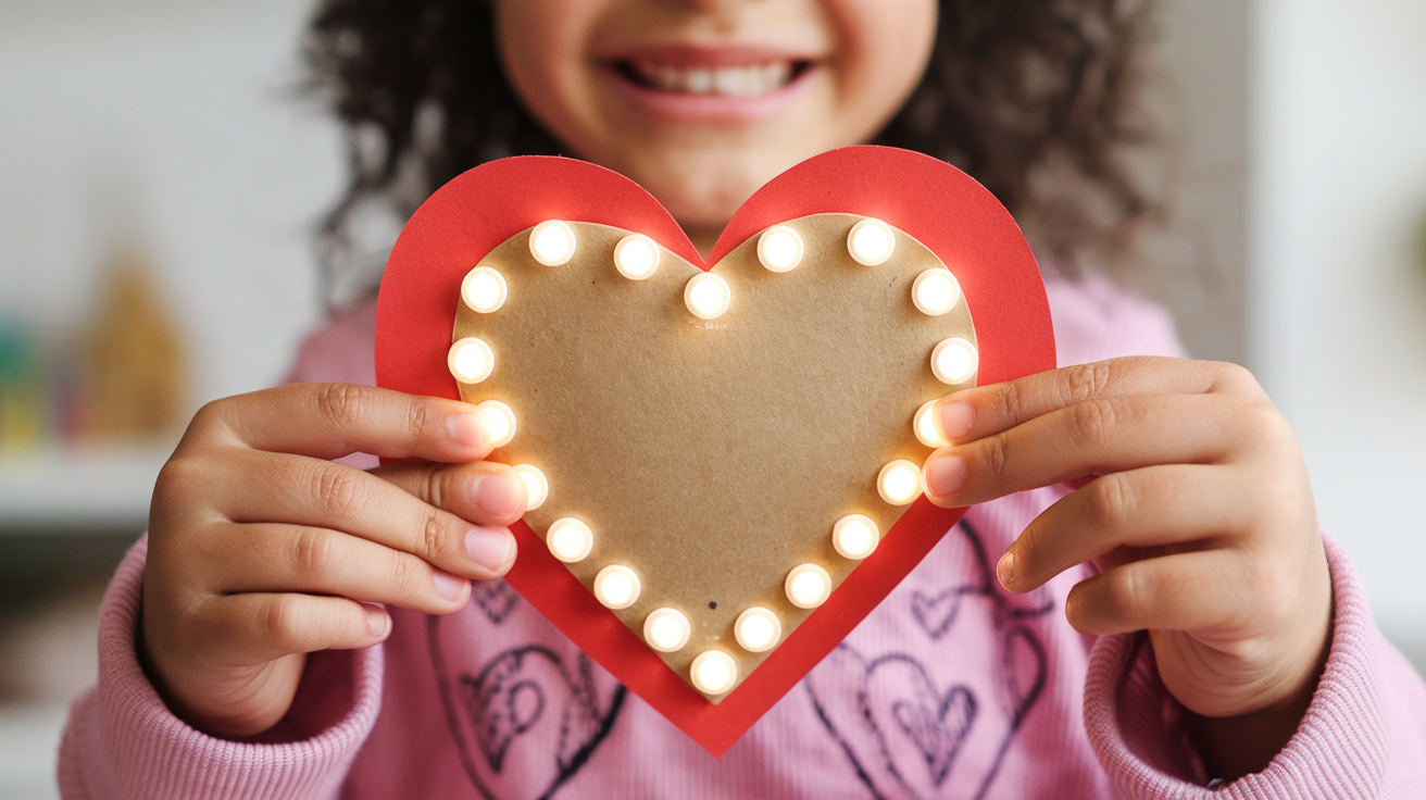 A child holding a completed light up Valentine's Day heart card with glowing LED lights arranged around the edge of the heart, showcasing the finished craft project.