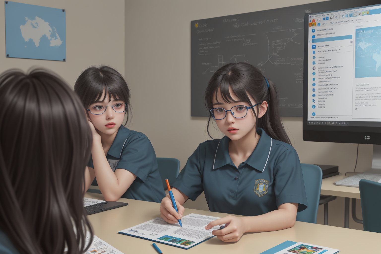 Students in school uniforms working on an assignment in a classroom.