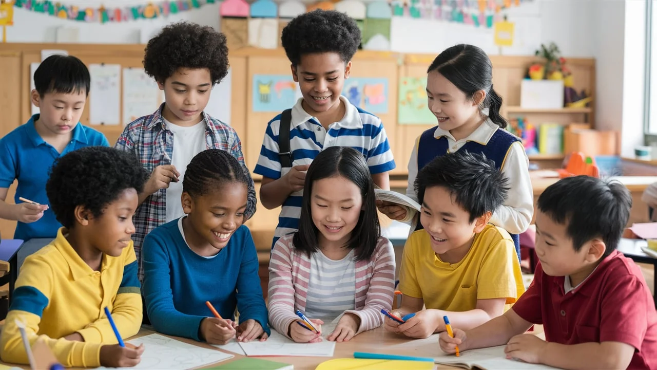 Diverse group of elementary students working together in a classroom, illustrating differentiated instruction strategies in action.