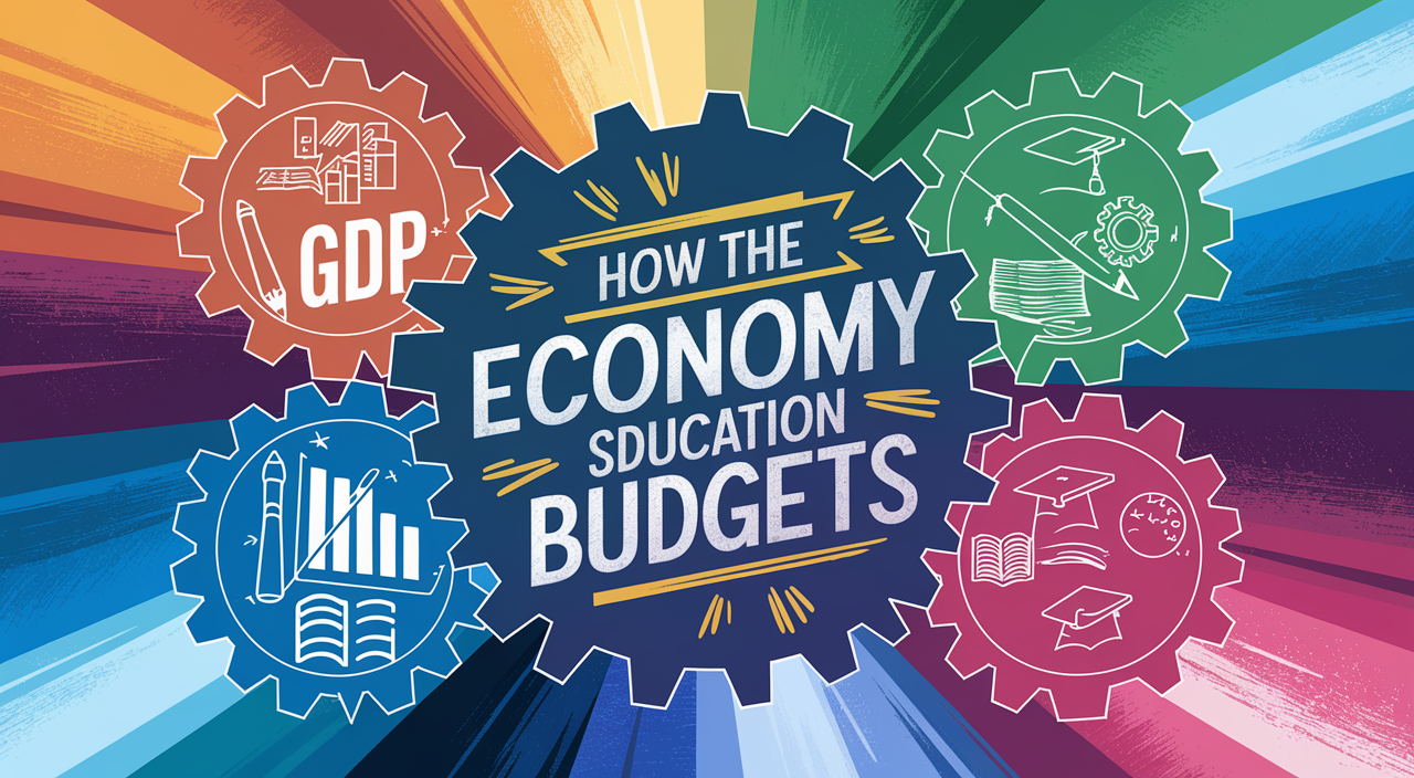 How the economy affects education budgets illustrated with colorful gears labeled GDP, school funding, and academic success metrics.