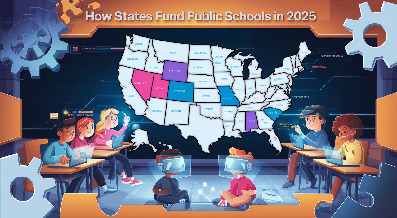 Map showing how states fund public schools in 2025, with diverse students using technology like VR and laptops.