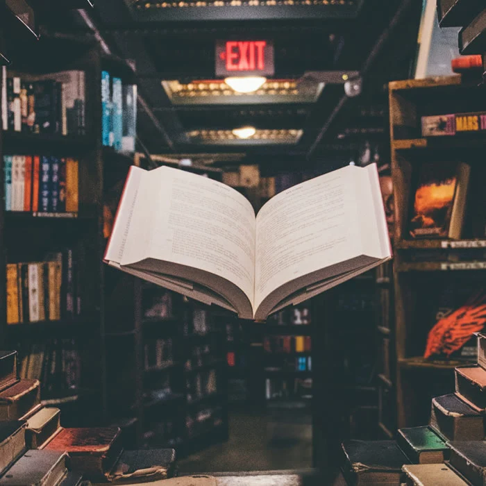 Picture of an open book with wings flying in a library.