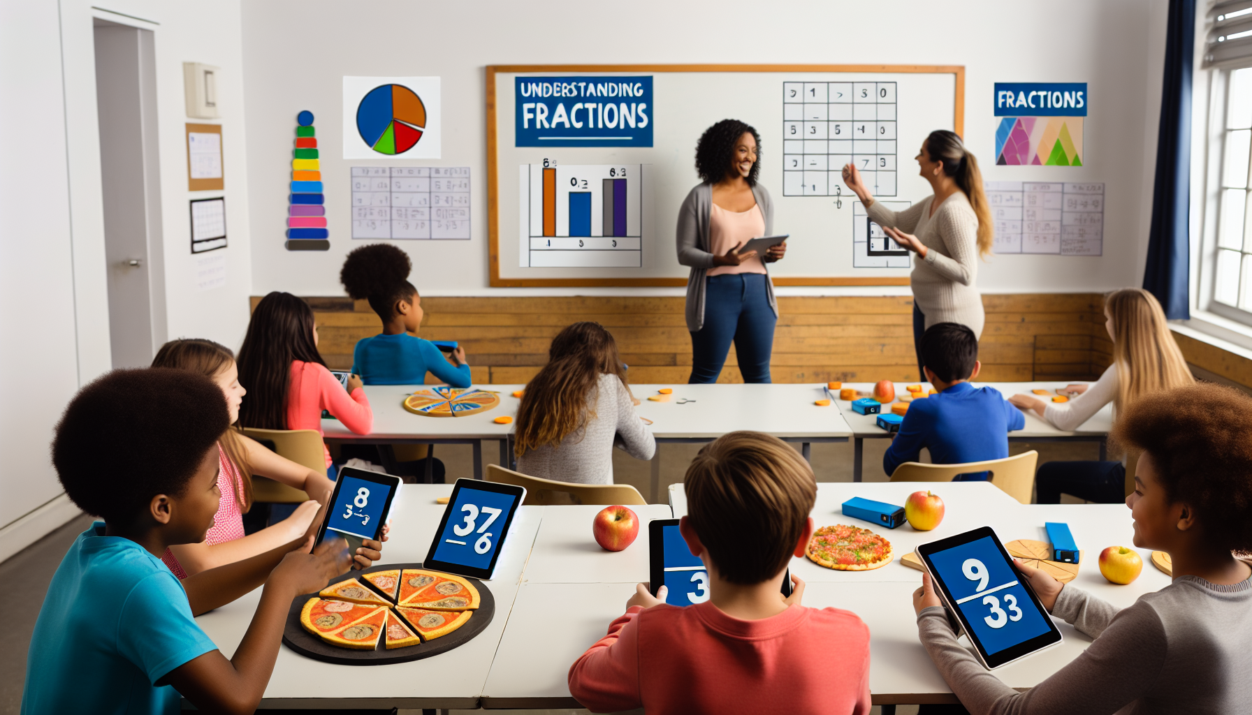 A classroom scene where students are using digital tablets displaying fractions, and hands-on fraction manipulatives such as pizza slices to learn about fractions. Two teachers are engaging with the students while various educational posters about fractions are displayed on the walls.