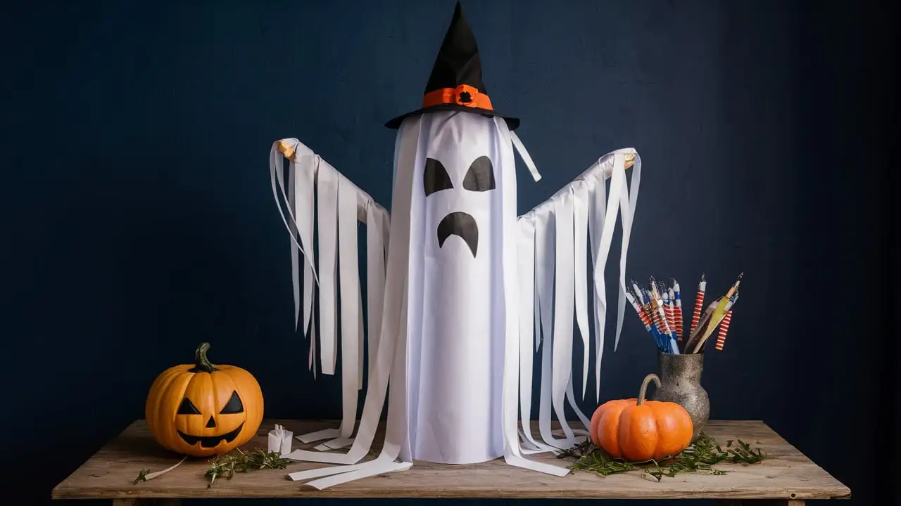 A completed Ghost Windsock wearing a black witch's hat, with long white streamers flowing from its sides, stands on a wooden table. The table is decorated with pumpkins, one carved with a jack-o'-lantern face, and a container of Halloween-themed pencils.