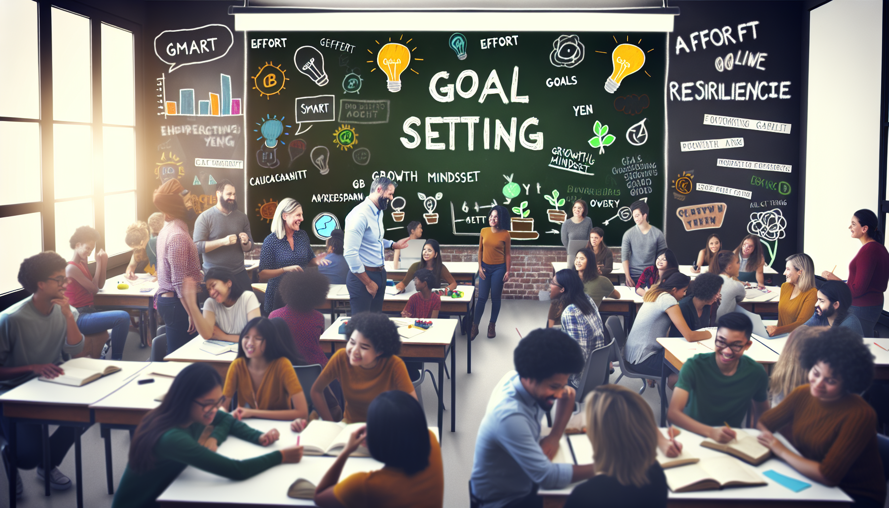 A diverse group of students and teachers engaged in lively discussions and activities in a classroom setting. The blackboard at the front of the room is filled with various drawings, keywords, and phrases related to goal setting, such as "SMART," "Effort," "Resilience," "Growth Mindset," and "Goals," emphasizing the theme of goal setting and its significance in education.