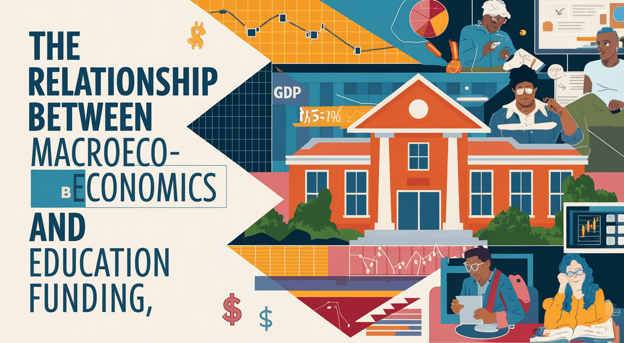 Illustration showing how the economy affects education funding, with charts, students, teachers, and a school building representing macroeconomic concepts.