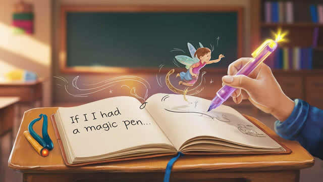 A child writing with a magic pen in a notebook, with a drawing of a fairy coming to life.