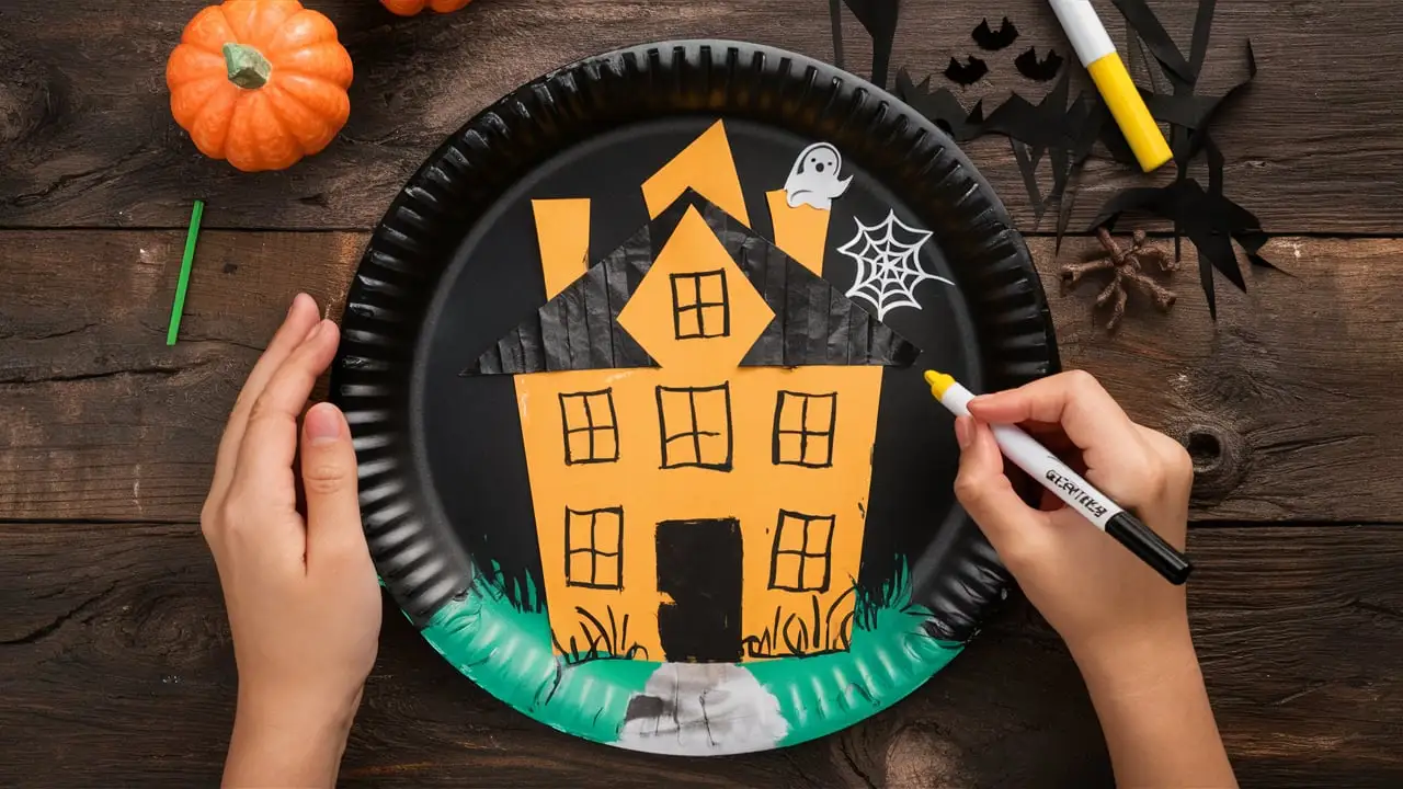 A child's hands are seen working on a paper plate haunted house craft. The plate is painted black with a yellow paper house glued in the center. The house has black paper roof shingles, drawn windows and door, and a white spider web and ghost sticker for decoration. The child is using a yellow marker to add details.