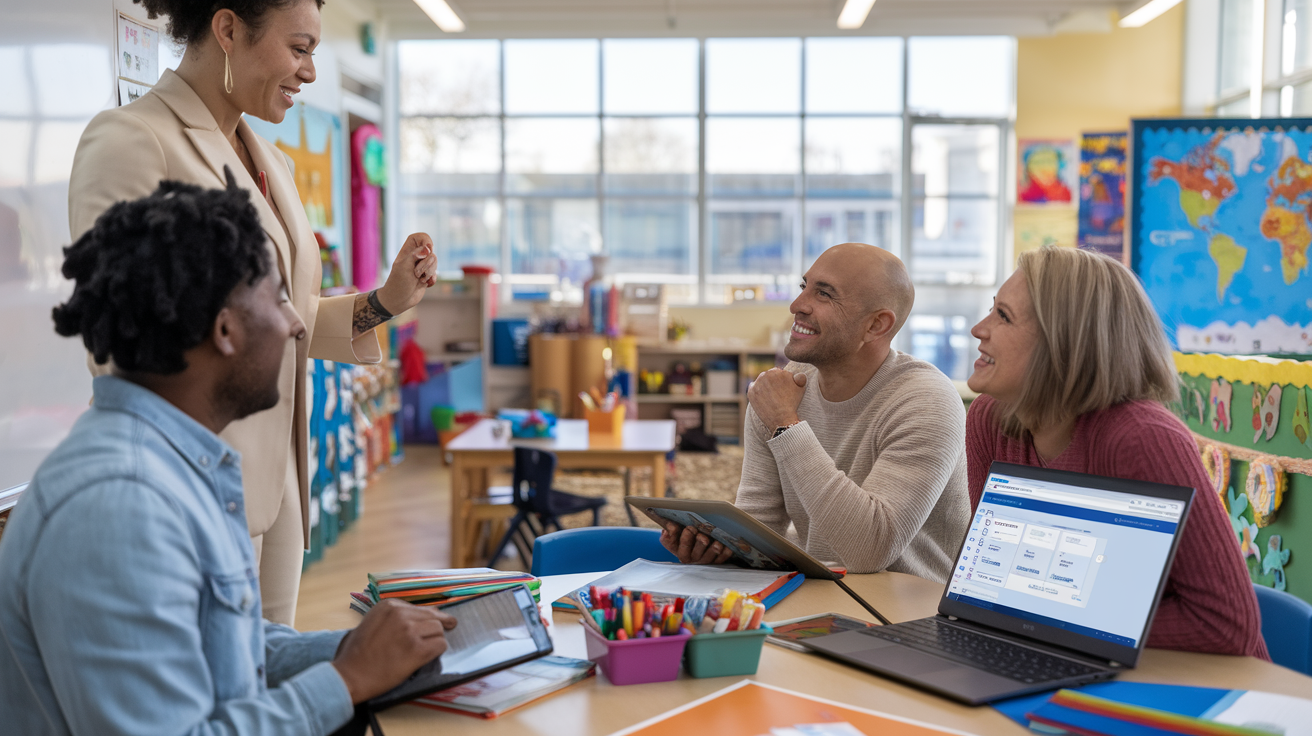 A teacher collaborates with two parents in a bright and colorful classroom, showcasing how parents and teachers can work together to support student success, with school supplies and a laptop on the table.