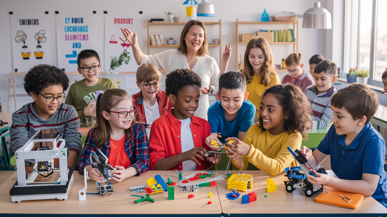 Group of diverse elementary school students working on STEM projects in a classroom. They are engaged with various hands-on activities involving robotics and building kits. A teacher is joyfully assisting in the background, creating an enthusiastic learning environment.