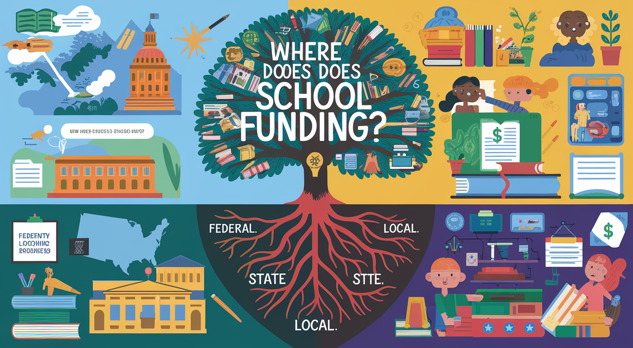 Infographic showing how school funding comes from federal, state, and local sources, illustrated as a tree with roots and branches representing educational resources.