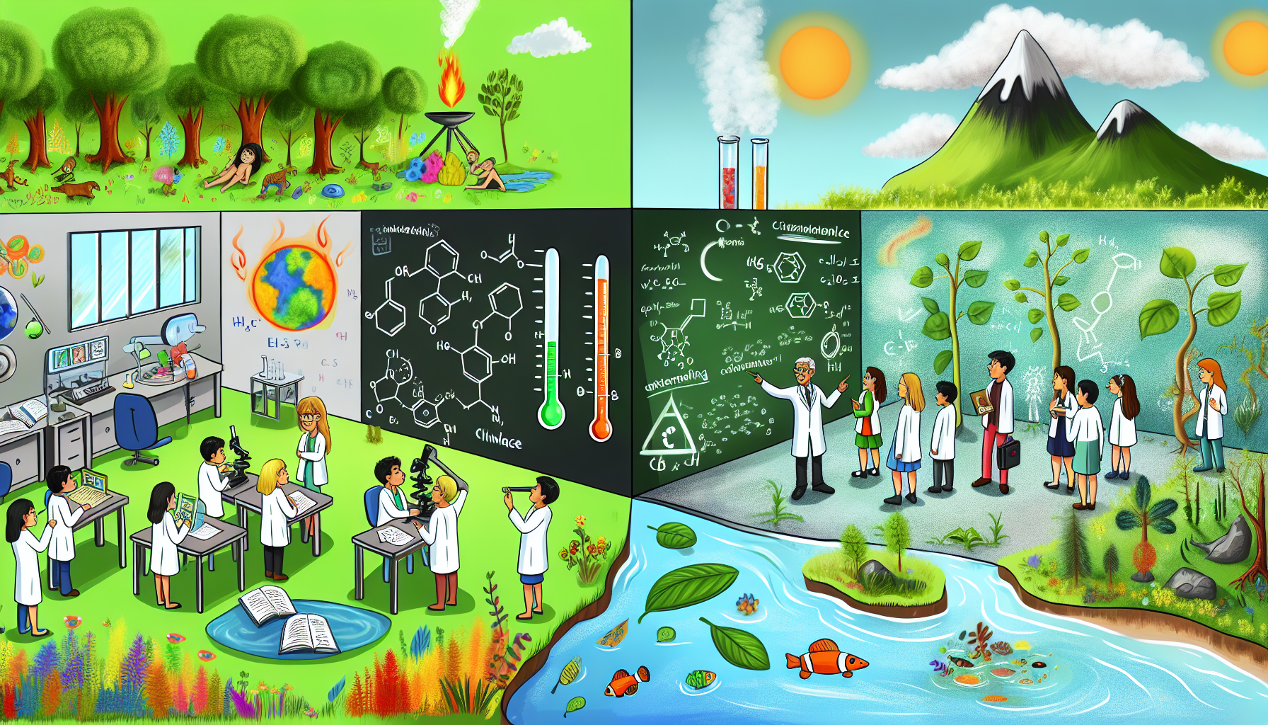 Alt Text: A vibrant illustration divided into sections depicting different scientific activities and awareness. In the top left, prehistoric humans are seen surrounded by lush green trees and wildlife, with a fire in the background. The top right shows a clear sky with mountains and factories emitting smoke. The bottom left illustrates a modern science classroom with students and a teacher conducting experiments with microscopes and other lab equipment, a blackboard showing chemical structures and a thermometer. The bottom right features a teacher explaining to students in lab coats about plants next to a flowing river with aquatic life, surrounded by lush greenery. The image emphasizes Science Awareness.