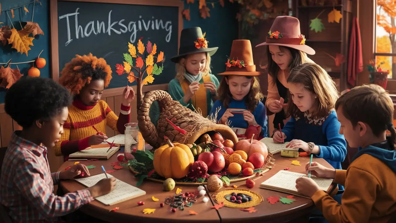A group of elementary students sitting around a table in a classroom, working on Thanksgiving-themed activities. The table is decorated with a cornucopia filled with fruits and vegetables, colorful autumn leaves, and craft supplies. A chalkboard in the background reads 'Thanksgiving,' and the classroom is adorned with fall decorations. The students are engaged in writing and crafting activities, creating a warm and festive atmosphere.