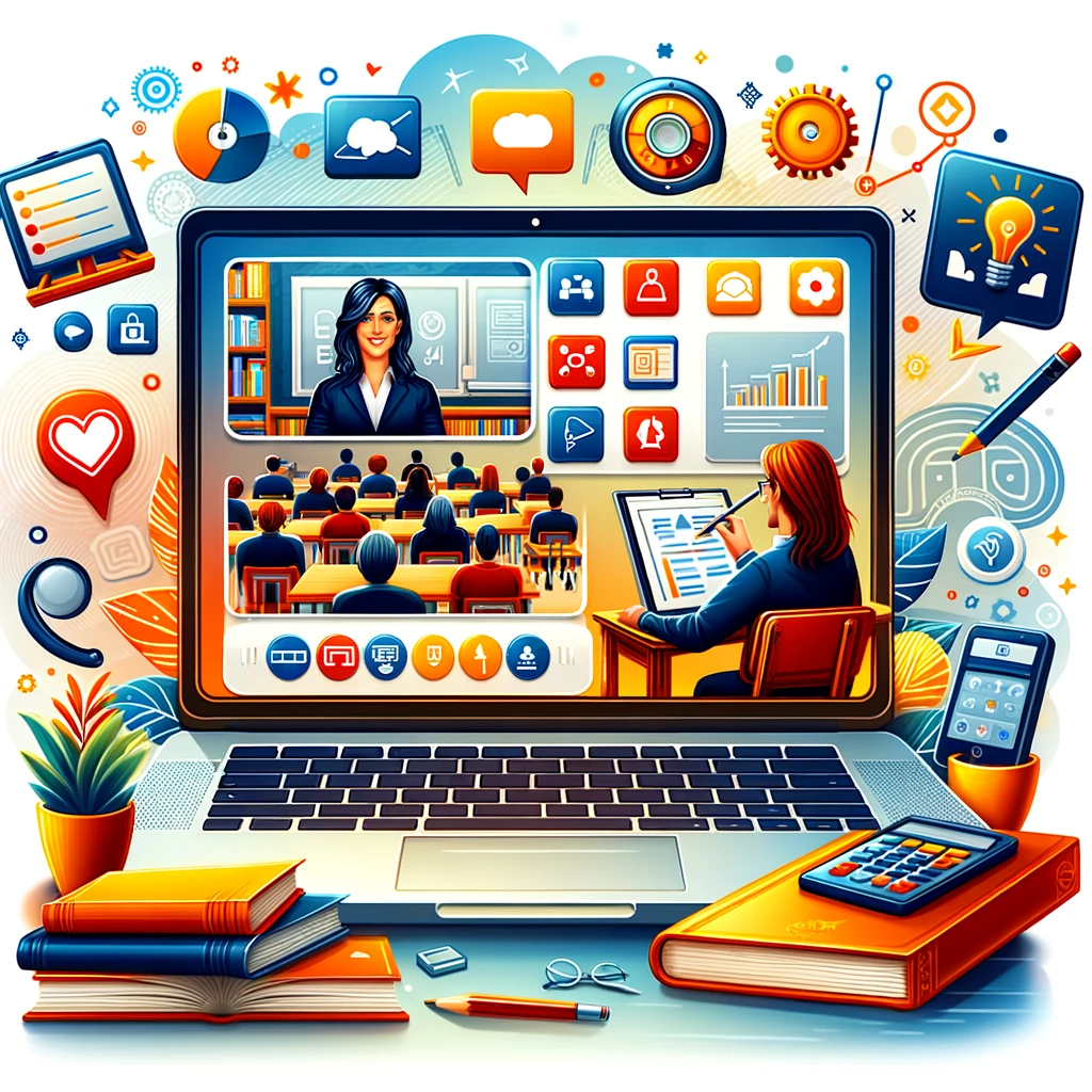 An illustration of a laptop screen showing an online classroom setting with a teacher teaching students. The scene includes various icons representing educational tools and concepts like collaboration, graphs, and lightbulbs. The background is filled with bright and engaging elements such as books, pencils, a calculator, and digital devices. The color scheme is vibrant with warm tones.